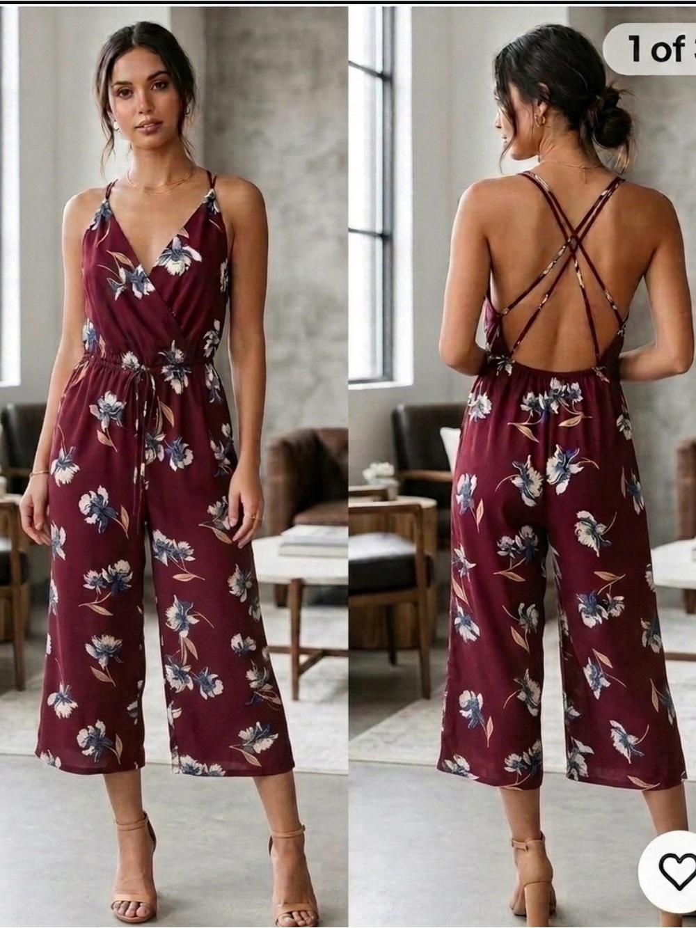 Emory Park flirty Floral Wide-Leg Jumpsuit in Burgundy size M
